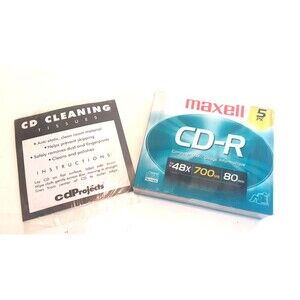 5 PK CD-R Computer Use Discs Maxell 48x  700MB  80min NEW & CD Cleaning Tissues